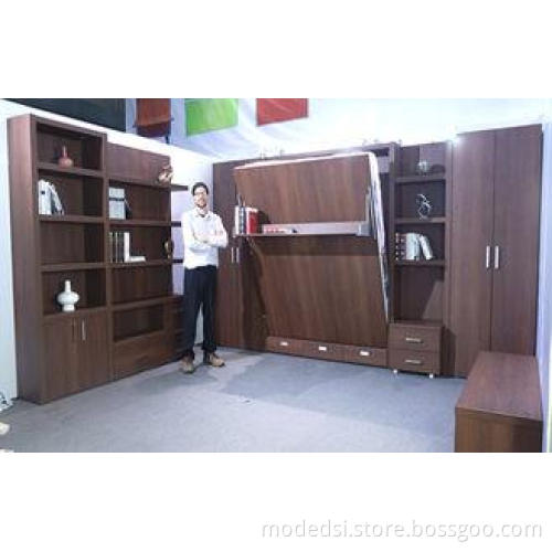 Light Walnut Vertical Wall Bed Space Saving With Bookshelf